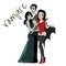 Halloween gothic party with vampire couple, fun background for horror invitation on vamp cosplay, dracula teeth and