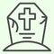 Halloween grave line icon. Cemetery with cross outline style pictogram on white background. Creepy tombstone with crack