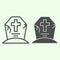 Halloween grave line and solid icon. Cemetery with cross outline style pictogram on white background. Creepy tombstone