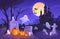 Halloween graveyard scene. Haunting nightmare hallowen background, cartoon horror castle scenery scary ghost at tomb