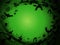 Halloween green background with black spider webs, spiders, bats and blobs