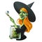 Halloween Green Witch in black pointed hat with a big jar of pickled eyes in hand