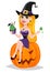 Halloween greeting card. Beautiful lady witch wearing pilgrim