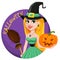 Halloween greeting card. Beautiful lady witch wearing pilgrim ha