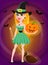 Halloween greeting card. Beautiful lady witch wearing pilgrim ha