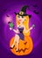 Halloween greeting card. Beautiful lady witch wearing pilgrim ha