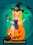 Halloween greeting card. Beautiful lady witch wearing pilgrim ha