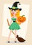 Halloween greeting card. Beautiful lady witch wearing pilgrim ha