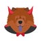 Halloween greeting card. Chow Chow dog dressed as a devil with red horns and cape