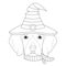 Halloween greeting card for coloring. Beagle dog dressed as a witch with hat and scarf
