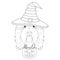 Halloween greeting card for coloring. Bearded Collie dog dressed as a witch with hat and a pumpkin with candies in the mouth