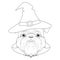 Halloween greeting card for coloring. Brussels Griffon dog dressed as a witch with hat, cape, and necklace with a skull