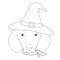 Halloween greeting card for coloring. Dachshund dog dressed as a witch with hat and scarf