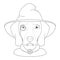 Halloween greeting card for coloring. Weimaraner dog dressed as a vampire with fangs, monocle, cape and black hat