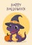 Halloween greeting card with cute cartoon dinosaur in witch hat. Template for poster, banner, flyer, greeting card