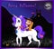 Halloween greeting card of cute witch sitting on unicorn on night landscape background