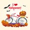 Halloween greeting card with decorative pumpkins and Bicycle
