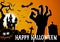 Halloween greeting card with horror elements creepy castle, hand from grave, pumpkin and graveyard. Happy Halloween festive poster