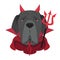 Halloween greeting card. Neapolitan Mastiff dog dressed as a devil with red horns and cape, and a black and red trident