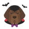 Halloween greeting card. Newfoundland dog dressed as a vampire with fangs and cape, and a pair of bats flying around
