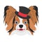 Halloween greeting card. Papillon dog with top hat and clown makeup