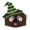 Halloween greeting card. Puli dog dressed as a witch with black and green hat and glasses with terrifying googly eyes