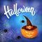 Halloween greeting card with pumpkin wearing hat, angry spiders, net and 3d brush lettering on blue background with