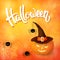 Halloween greeting card with pumpkin wearing hat, angry spiders, net and 3d brush lettering on orange background with