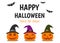 Halloween greeting card with smile pumpkin devil wearing witch hat on white background