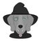 Halloween greeting card. Weimaraner dog dressed as a vampire with fangs, monocle, cape and black hat