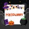 Halloween greeting card is witch hat, magic book, pumpkin, web spider, spider, posion pot on the nigth background. Template for Ha
