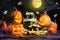 Halloween Greeting with Pumpkins and Skeleton Mice