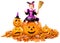 Halloween Happy Little Witch Sitting on Pumpkin in Carnival Costume, Smiling Child Girl Holding Broom, Witchcraft over Cut out