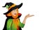 Halloween.Happy woman in hat and witch costume showing a gesture