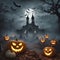 Halloween, haunted castle with tombstones in fog. Full moon and bats. Pumpkins