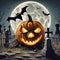 Halloween, haunted castle with tombstones under full moon and bats. Creepy pumpkin