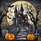 Halloween, haunted castle with tombstones under full moon and bats. Creepy pumpkins