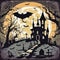 Halloween, haunted castle with tombstones under full moon and bats. old bony tree