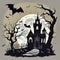 Halloween, haunted castle with tombstones under full moon and bats. old bony tree
