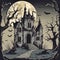 Halloween, haunted castle with tombstones under full moon and bats. old bony tree