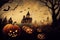 Halloween haunted house in full moon night, scary mansion. Halloween background