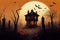 Halloween haunted house in full moon night, scary mansion. Halloween background