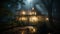 Halloween haunted mansion with ghostly figure on steps amongst the foggy trees - generative AI
