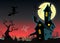 Halloween haunted moonlight night background with spooky house and cemetery, can be use as flyer