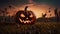 Halloween holiday background. Spooky glowing jack-o-lantern pumpkin on the ground in a cornfield.