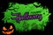 Halloween holiday banner with brush stroke background, hand lettering greetings Happy Halloween and traditional spooky symbols.