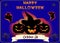 Halloween holiday banner, three glowing pumpkins on blue background where ghosts and spiders fly,