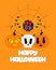 Halloween holiday. Colorful spooky characters on orange background. Poisonous spider on web, pumpkins, human skull and