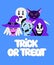 Halloween holiday. Colorful spooky fantasy characters on blue background. Witch, zombie, grim reaper, ghost, cat