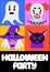 Halloween holiday. Colorful spooky fantasy characters in bright frames. Witch, creepy clown, cat, ghost. Cartoon scary